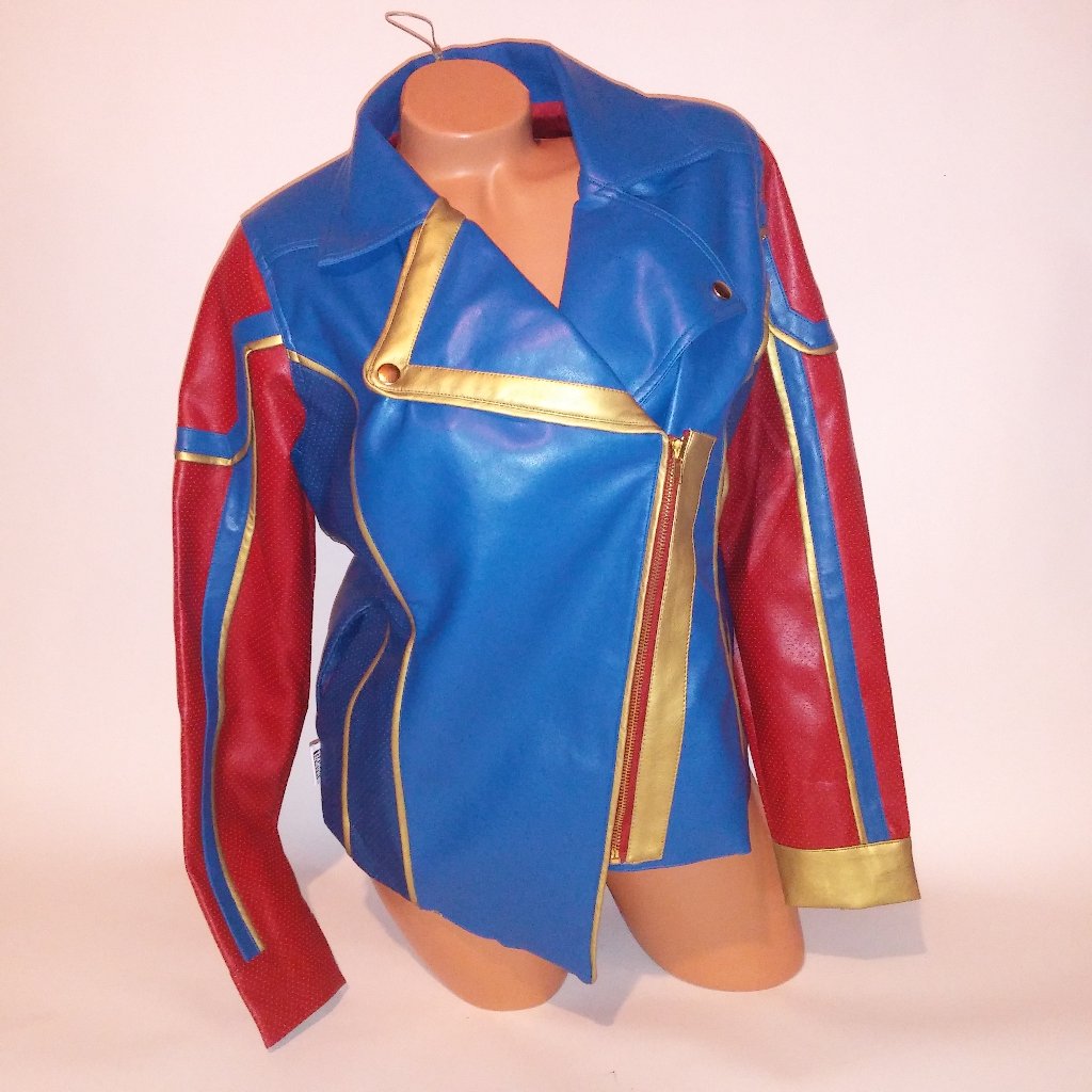 Disney Store Marvel Universe Womens Jacket Medium Simulated Leather Red Blue Gol